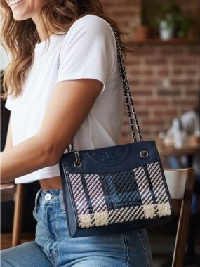 Tory Burch RARE!! Navy & White Basket Weave Convertible Crossbody Bag